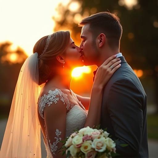 A bride and groom sharing a kiss during their wedding.