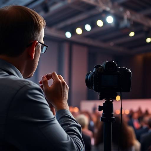 A photographer taking a picture of a speaker at a conference.