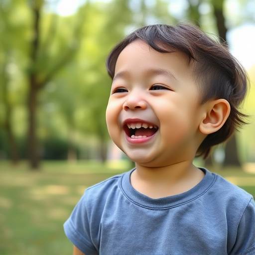 Candid portrait of a child laughing while playing in a park, natural light.