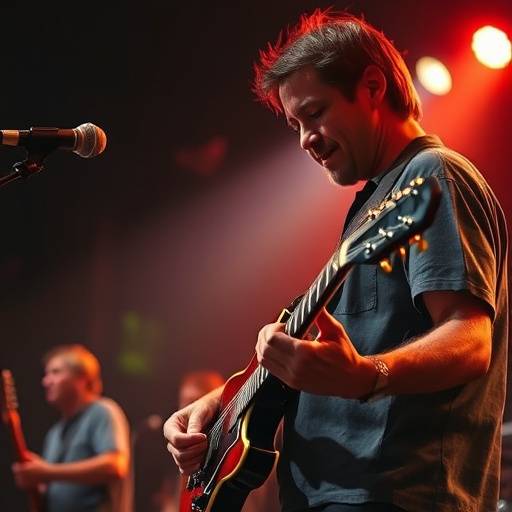 Close-up of a musician passionately playing the guitar during a live concert in a Seattle music venue.