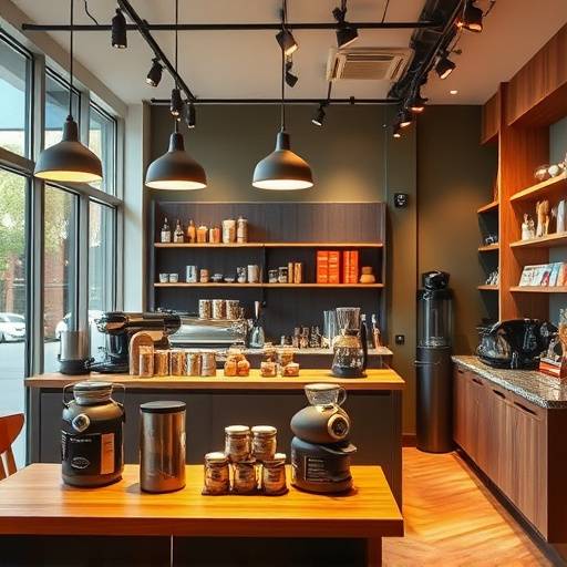 Interior shot of a modern coffee shop, highlighting their product display