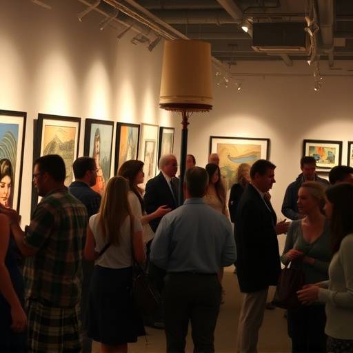 Photo of attendees networking during a Seattle art gallery opening.