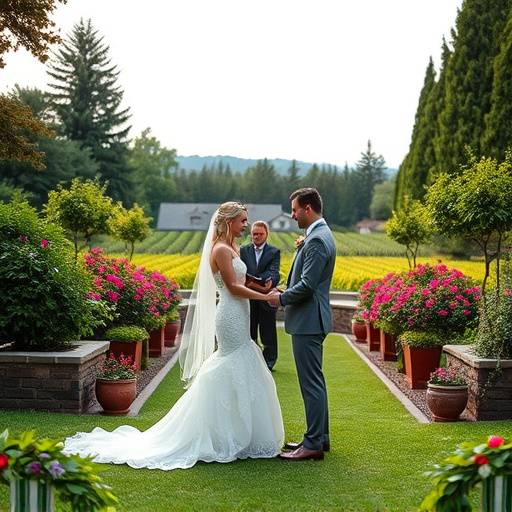 Romantic shot of a bride and groom exchanging vows in a picturesque garden in Woodinville wine country.