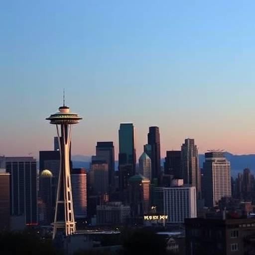 Seattle skyline at dusk with Luminous Lens Studio subtly overlaid