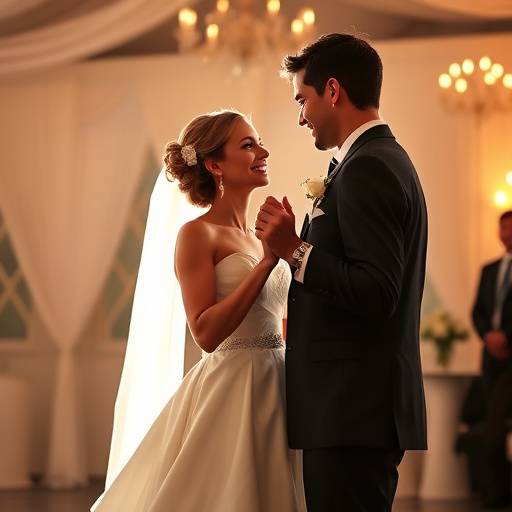 Wedding couple holding hands during their first dance